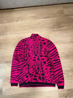Renuar Hot Pink and Black Animal-Print Mock Neck Sweater